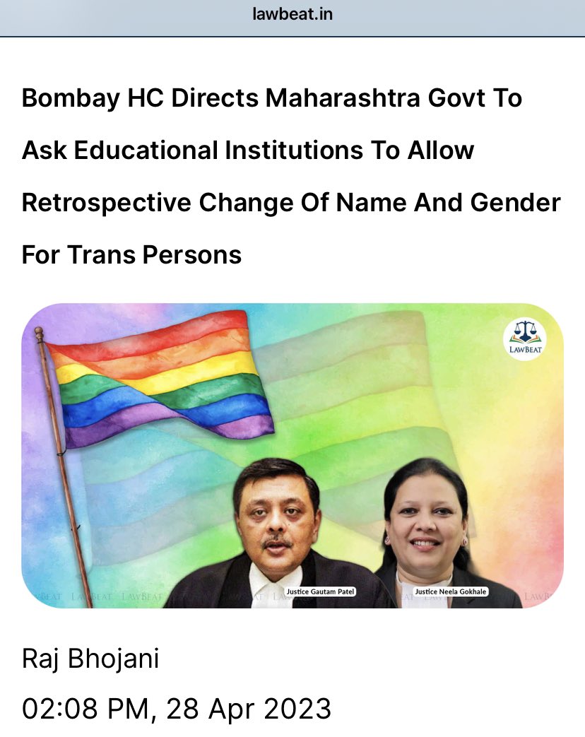 Almost a decade since NALSA, yet we have go to court for changing our names and gender in school and college certificates. In this case it was @TISSMumbai that was not allowing a a former student, who is trans, to update their details.

lawbeat.in/news-updates/b…