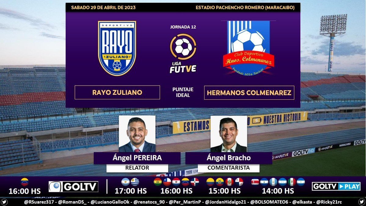 Puntaje_Ideal's tweet photo. ⚽ #LigaFUTVE 🇻🇪 | #RayoZuliano vs. #HermanosColmenares
🎙 Relator: @A_PaulPereira
🎙 Comentarista: @AngelBracho
📺 #GOLTV Venezuela 🇻🇪
💻📱 #GOLTVPlay Latinoamérica
🤳 #VenezuelaEsFUTVE - #Temporada2023 - @GOLTVVe
Dale RT 🔃 https://t.co/DM2UesDBLM