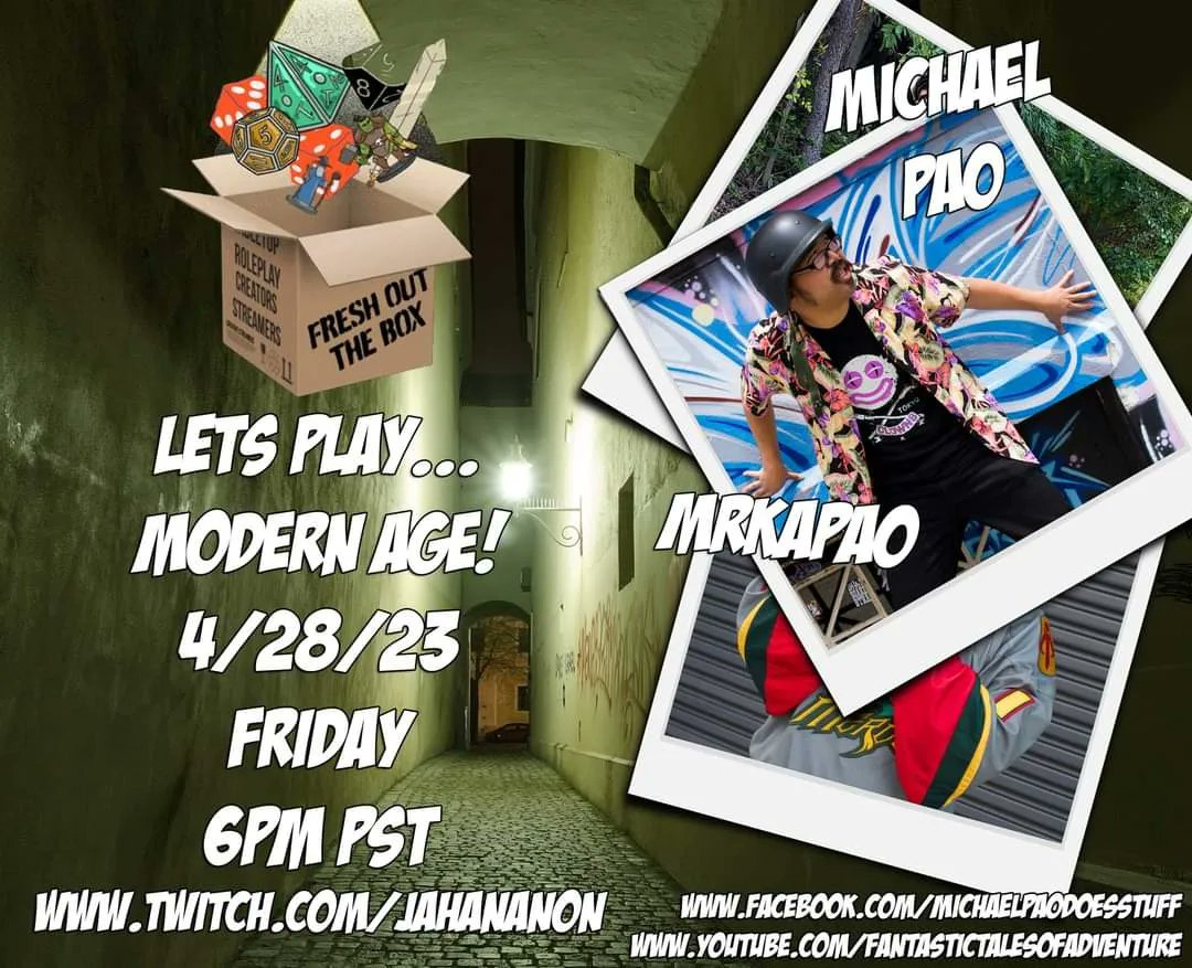 mrkapao's tweet photo. The solider, the scientist, and the pizza guy is back tonight on #FreshOuttheBox! Join @RockFact, @CasualtyCDG, Robert, and @mrkapao as we play @GreenRoninPub's #ModernAGE!

Watch LIVE tonight at 6PM PST via @TWITCH (https://t.co/CT9NdcSwdW).

#ttrpg #ttrpgcommunity #actualplay https://t.co/QgrqYe5XOY