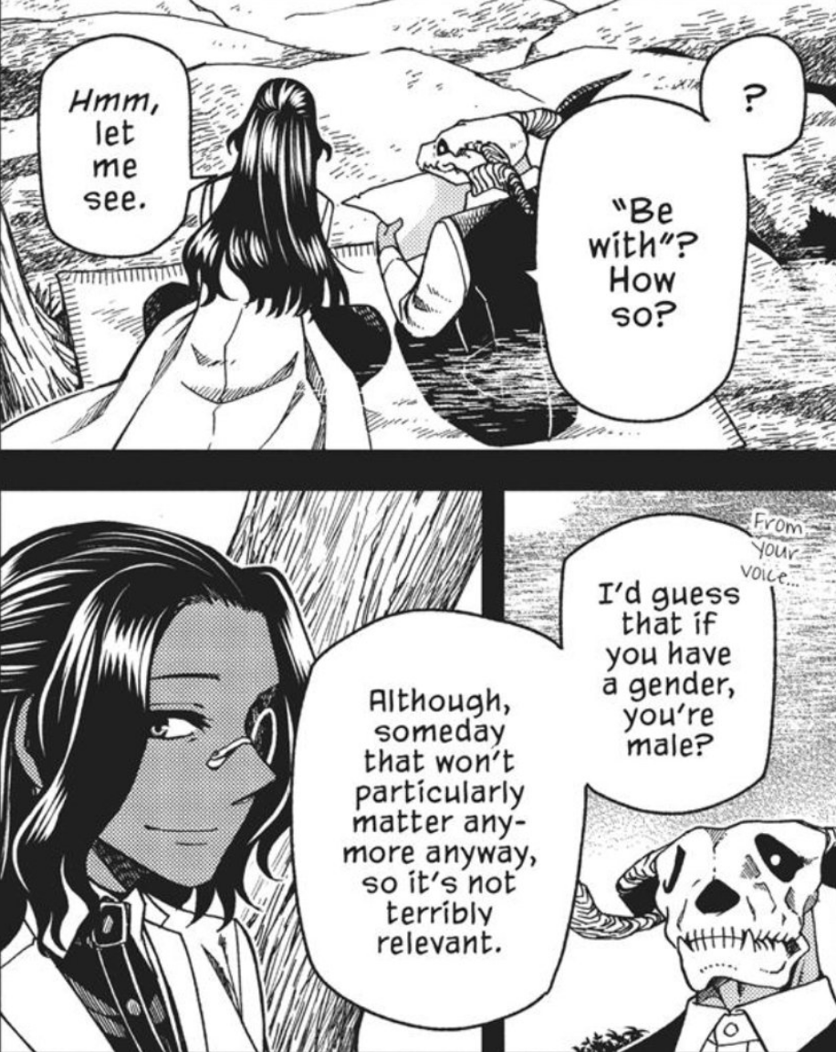 Juggermelon's tweet image. EXTREMELY upset at the anime's adaptation of this scene. The manga makes it a point Elias's teacher doesn't impose heteronormality or gender norms on him and of COURSE the anime completely omits it LMAO