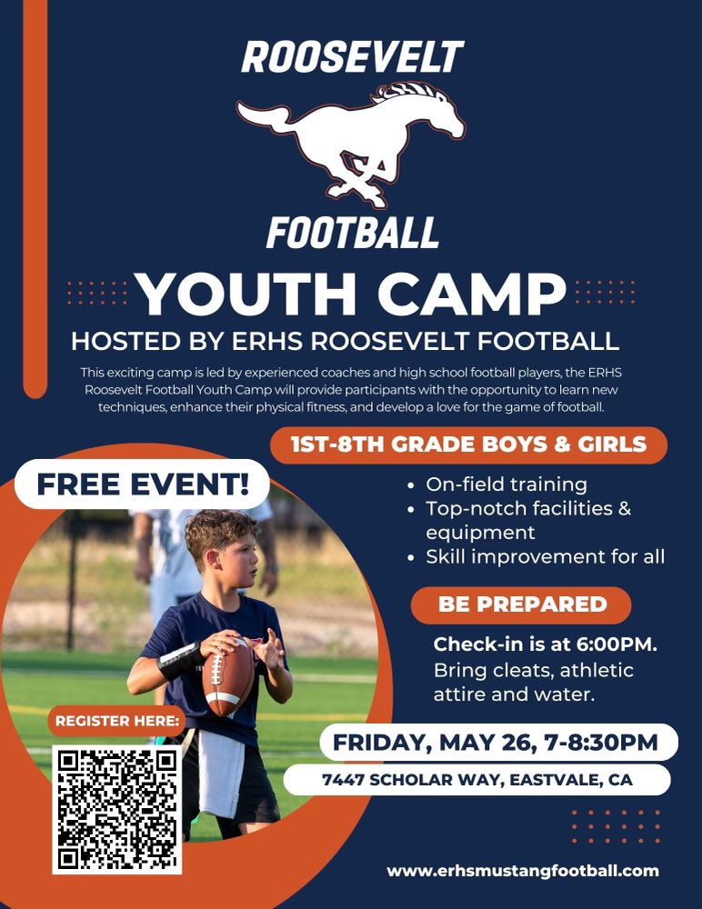 RooseyFB's tweet image. Join us on Friday May 26 at 6:00 PM for our Mustang Football Youth Camp inside Mustang Stadium!! Use the QR code on the flyer to register!! #PONYUP #ERHS