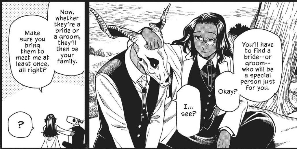 Juggermelon's tweet image. EXTREMELY upset at the anime's adaptation of this scene. The manga makes it a point Elias's teacher doesn't impose heteronormality or gender norms on him and of COURSE the anime completely omits it LMAO