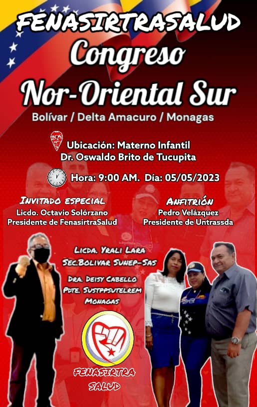 Sindic_Monagas's tweet photo. Trabajadores de la Salud te invitamos al Congreso Nor Oriental Sur donde contaremos con la presencia de Nuestro presidente de @Fenasirtrasalud el Lcdo. Octavio Solórzano y sus sindicatos de Base de  Delta Amacuro, Bolívar y Monagas. https://t.co/QAJHTUzD6S