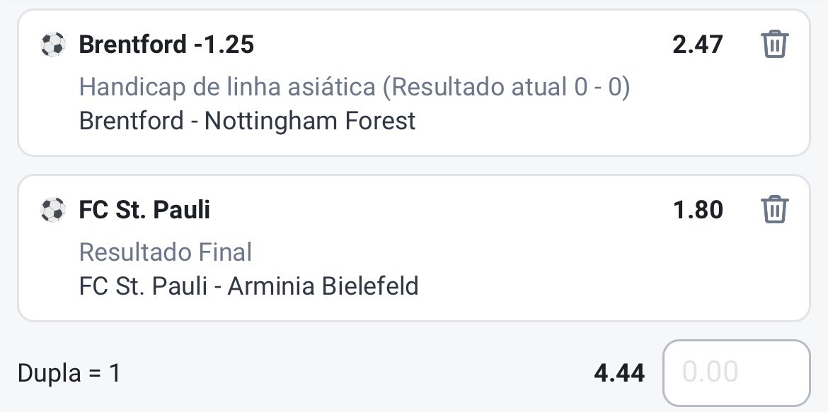 Para amanha cedo, vamos nessa duplinha a 4,44$.

Brentford -1,25 
Vitória seca St Pauli

Iremos com 2%

Brentford vem sendo um time 8 ou 80. Porém jogando em casa contra o desesperado Nottingham acreditamos na superioridade dos Abelhas.

A explicação do St Pauli não caberá aqui😂