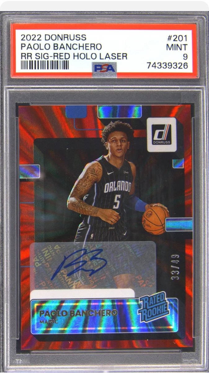 Vctor14035257's tweet photo. @HiveCards @BreakClubNFT 2022 Paolo Banchero Red Holo Laser 33/49 9 Auto #201 PSA 9. Card is in my eBay Vault so I don't have live pictures. $950 OBO https://t.co/PJC35pMqKP