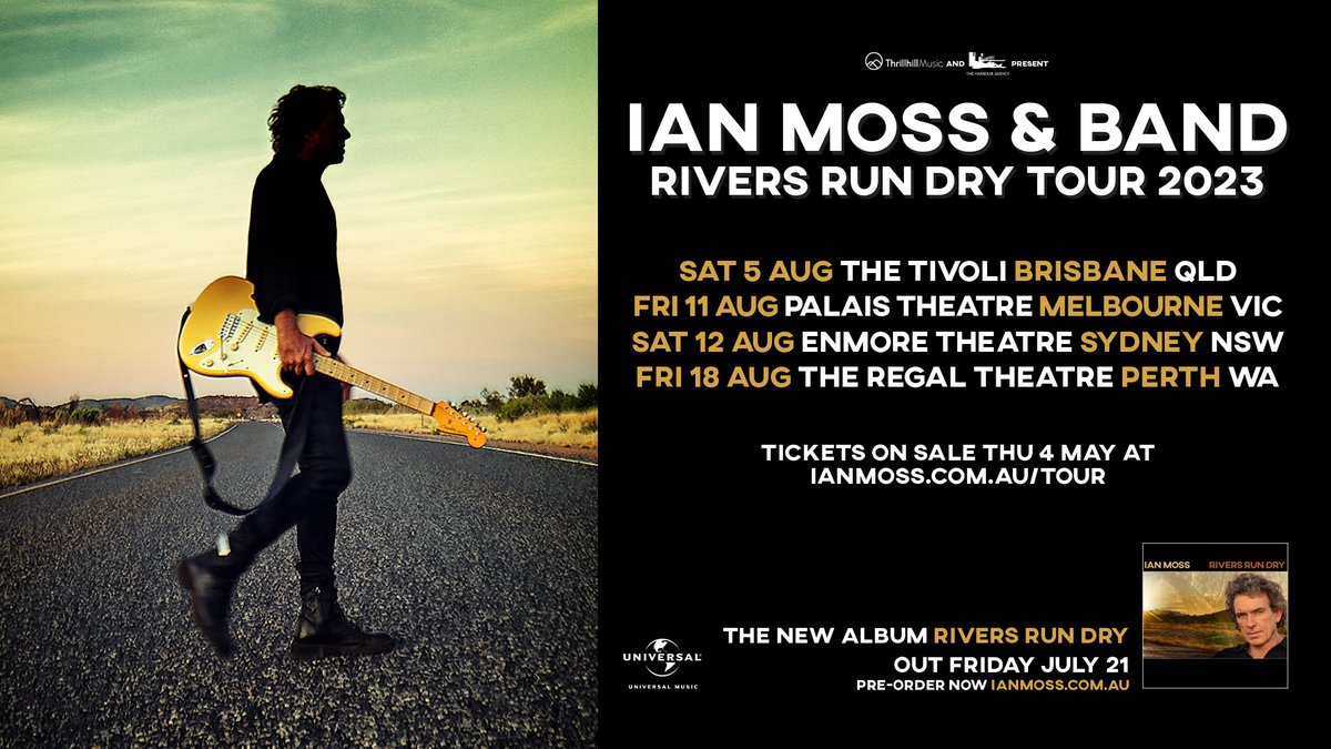 Pre-Sale tickets 🎟️ including the VIP Experience to the Rivers Run Dry Tour 2023 are on sale NOW in Brisbane, Sydney and Melbourne. Perth will follow at 9am local time. ianmoss.com.au/tour #ianmoss #riversrundry