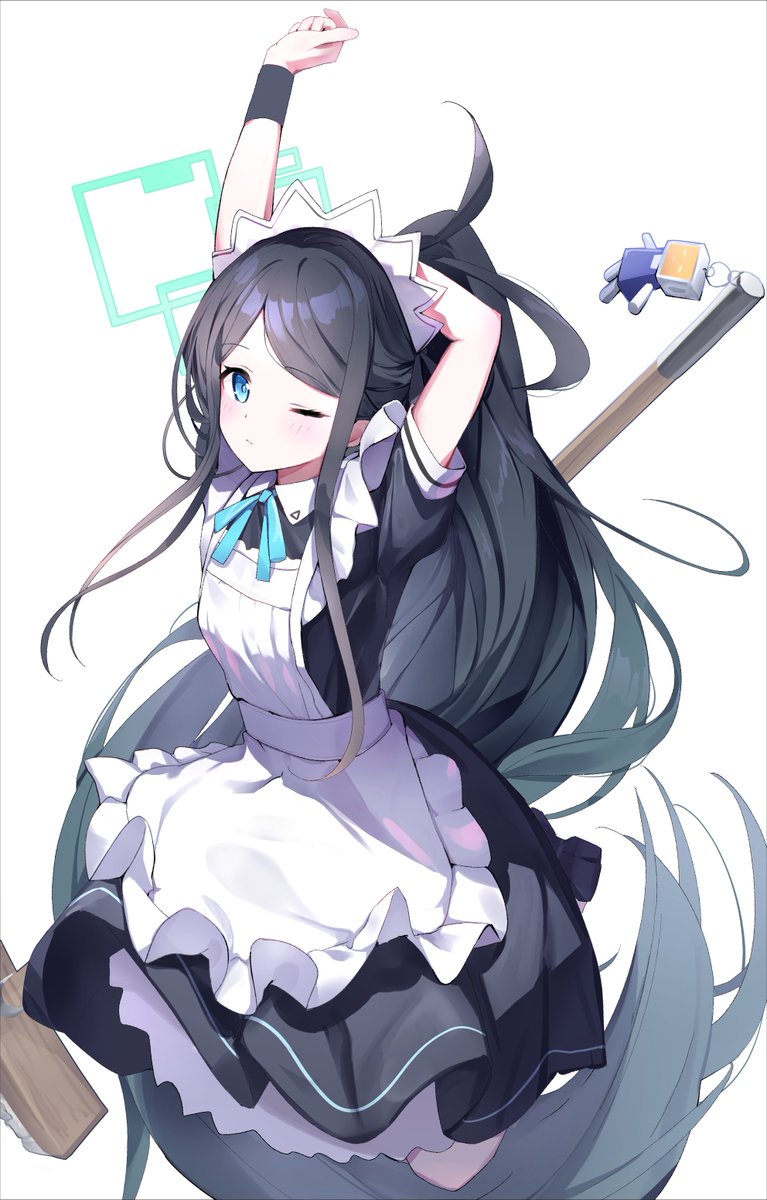 aris (blue archive) 1girl maid long hair one eye closed apron maid headdress solo  illustration images