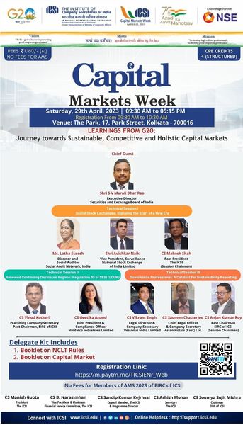 icsi_cs's tweet photo. #ICSI culminates #CapitalMarketsWeek 2023 - Learnings from #G20: Journey towards #Sustainable, Competitive and Holistic #CapitalMarkets. Inaugural sessions simultaneously being held at Chennai, Delhi & Kolkata @g20org @AmritMahotsav @NSEIndia @SEBI_India https://t.co/EqJqWBYabW