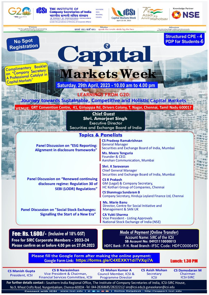 icsi_cs's tweet photo. #ICSI culminates #CapitalMarketsWeek 2023 - Learnings from #G20: Journey towards #Sustainable, Competitive and Holistic #CapitalMarkets. Inaugural sessions simultaneously being held at Chennai, Delhi & Kolkata @g20org @AmritMahotsav @NSEIndia @SEBI_India https://t.co/EqJqWBYabW