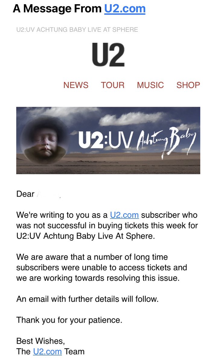 SeattleB's tweet photo. Another kick in the gut. I was never able to get my subscriber request in because of TM error codes @TMFanSupport so @U2 doesn't think I tried. I did not receive this email, pretty sure they won't send me one to try and get new tickets either. #U2Sphere #U2 Fan 1984-2023. Stop. https://t.co/66LdWU1rIl