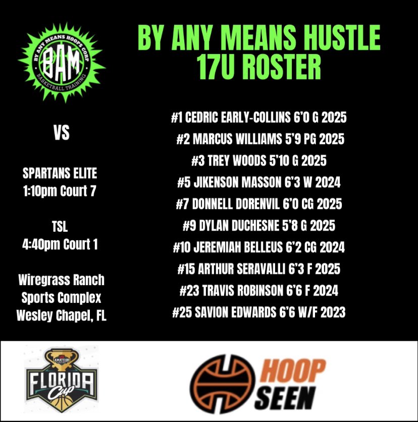 ByAnyMeansHoops's tweet photo. This weekend (April 29-30) we’ll be at @hoopseen Florida Cup 1 in Wesley Chapel, FL 🔥🔥🔥🔥

Game 1: Spartans Elite 1:10pm Ct 7
Game 2: TSL 4:40pm Ct 1 https://t.co/JmxZvhBGs9