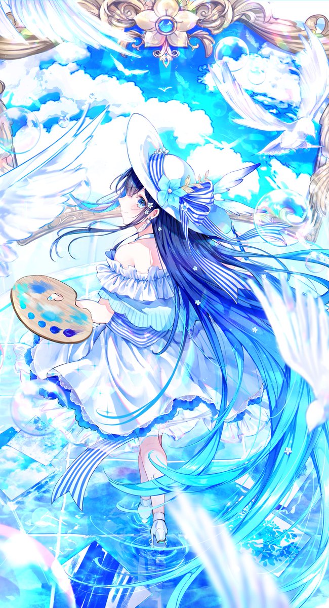 1girl hat dress long hair solo blue eyes holding  illustration images