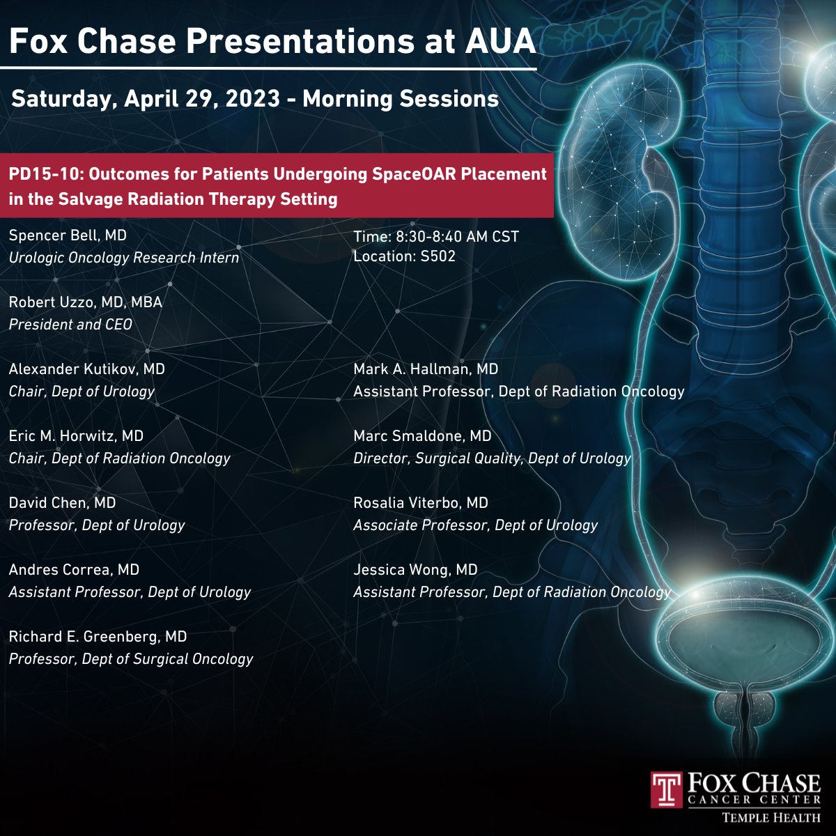 Fox Chase Cancer Center (@foxchasecancer) on Twitter photo Fox Chase presentations at #AUA23 happening tomorrow morning, April 29th! Hear from <a href="/FCUroOnc/">Fox Chase Cancer Center Department of Urology</a> Research Intern Dr. Spencer Bell (<a href="/spencer_bell416/">Spencer Bell</a>) ⬇️ Fox Chase presentations at #AUA23 happening tomorrow morning, April 29th! Hear from <a href="/FCUroOnc/">Fox Chase Cancer Center Department of Urology</a> Research Intern Dr. Spencer Bell (<a href="/spencer_bell416/">Spencer Bell</a>) ⬇️
