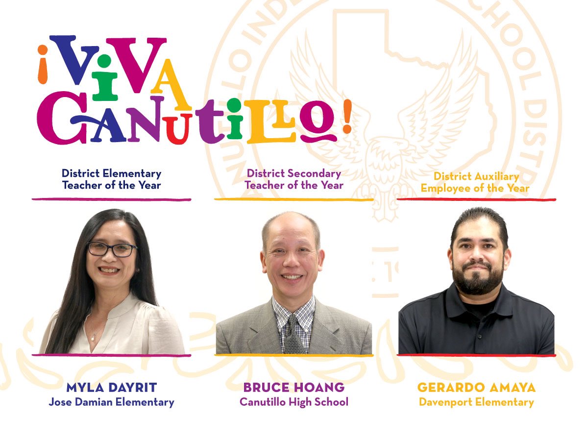 CanutilloISD's tweet photo. Congratulations to our winners! 

👩‍🏫 District Elementary Teacher of the Year: Myla Dayrit Damian Elementary School. 

👨‍🏫 District Secondary Teacher of the Year: Bruce Hoang, Canutillo High School. 

👨‍💼 District Auxiliary Employee of the Year: Gerardo Amaya, Davenport Elementary. https://t.co/jf7fxbEcrZ