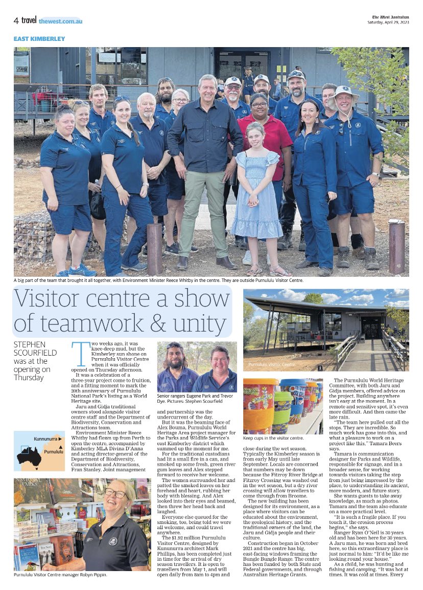 Check out @SWMscourfield coverage in today’s @westaustralian about the amazing indigenous community - DBCA effort to create great new attractions in our Kimberley. #Bunglebungles #wanationalparks #wanderoutyonder