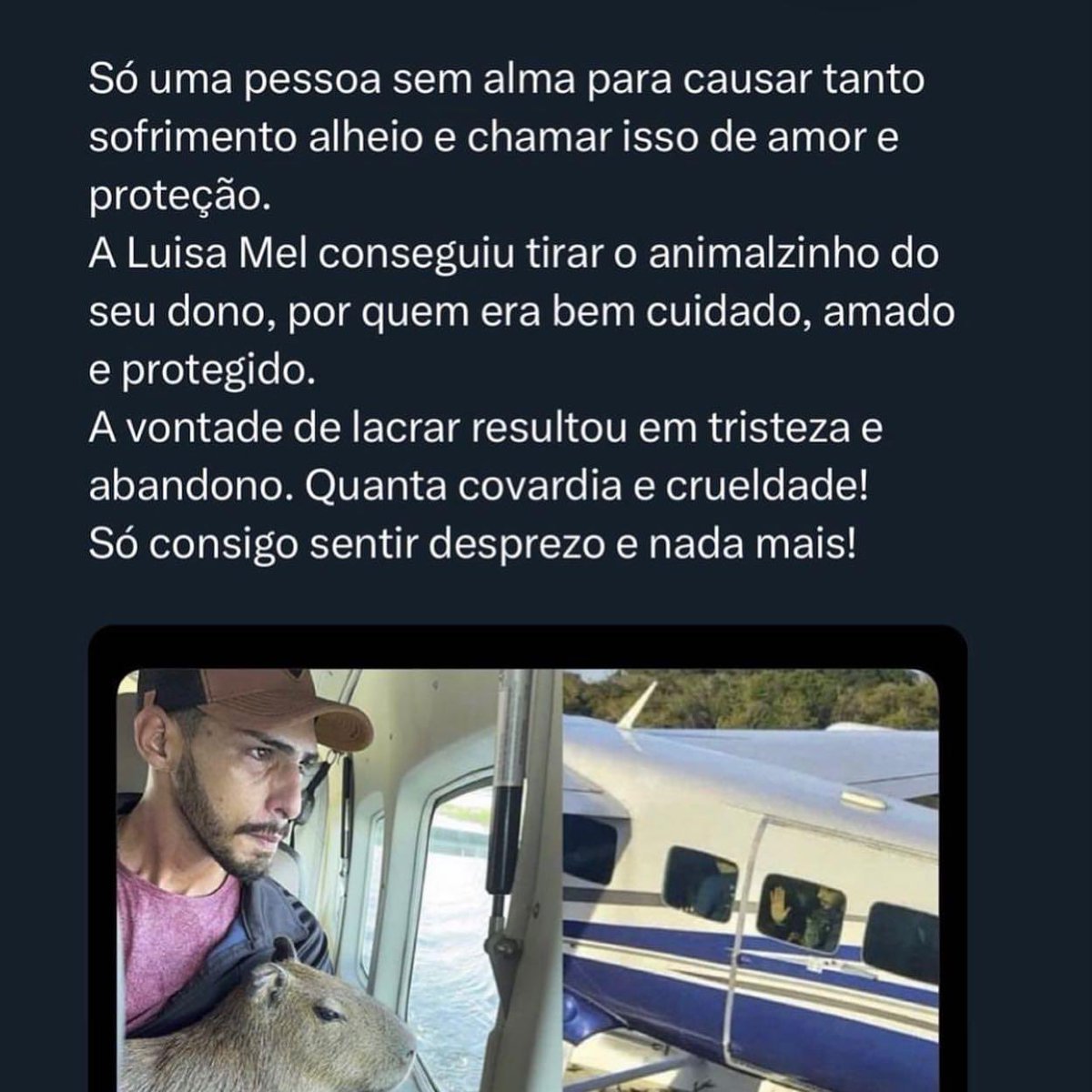 fcfelipehcampos's tweet photo. Quanta maldade né dona Luiza Mel?, pra que vc fez isso com o rapaz que vivia com sua capivara, a filó, como vc foi suja, bom, na verdade vc nunca foi limpa, seu passado te condena em todas as instâncias. Nojenta!! Bom, vc nunca teve dó de seres humanos, terá dó de animais? https://t.co/eSJYeTVeZU