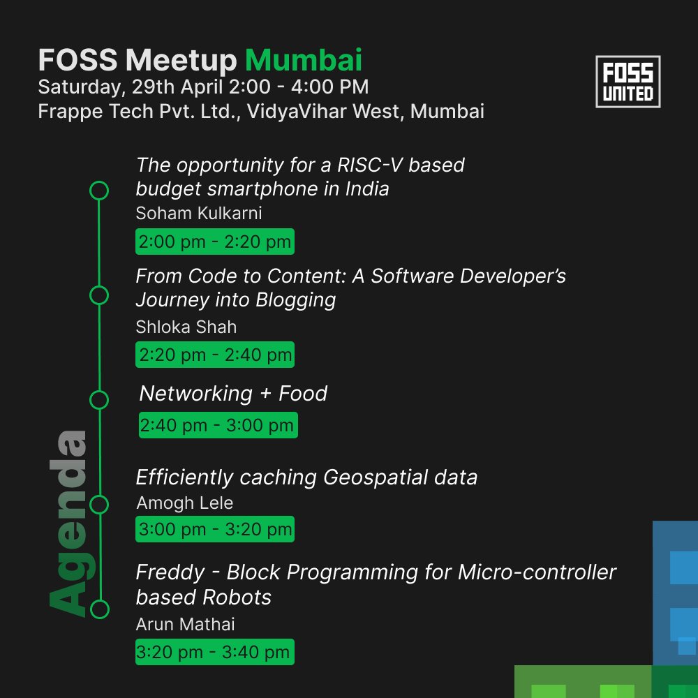 MumbaiFOSS's tweet image. Talk Schedule for today&apos;s FOSS United Meet-up in Mumbai is now released 🎉 

Excited to have you there!!
 
Venue: Frappe Technologies, VidyaVihar West, Mumbai
Duration: 2:00 PM - 4:00 PM

Location: openstreetmap.org/node/5268038382

#fossmeetup