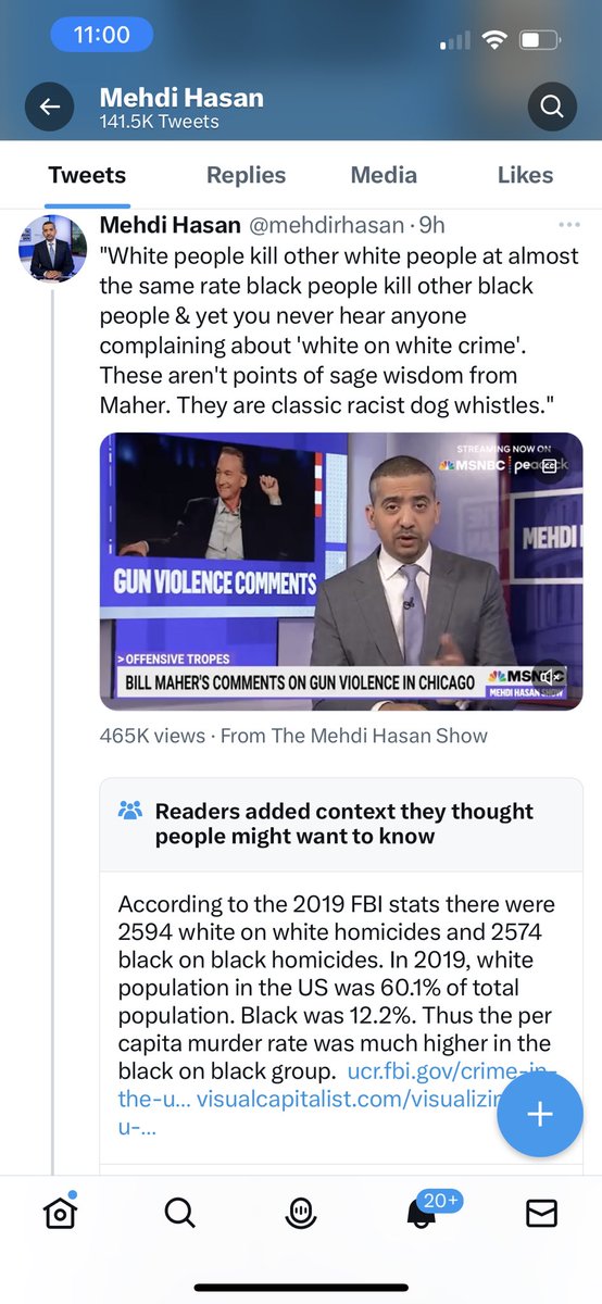 mehdirhasan's tweet photo. If you had any doubt that @CommunityNotes has become another weapon of the right on Musk’s Twitter, see the BS community note added to my Bill Maher clip, after MAGA folks demanded it. It makes a point that is irrelevant to the one I am making (re intraracial ‘rates* of killing.) https://t.co/GXZrli4Lx9