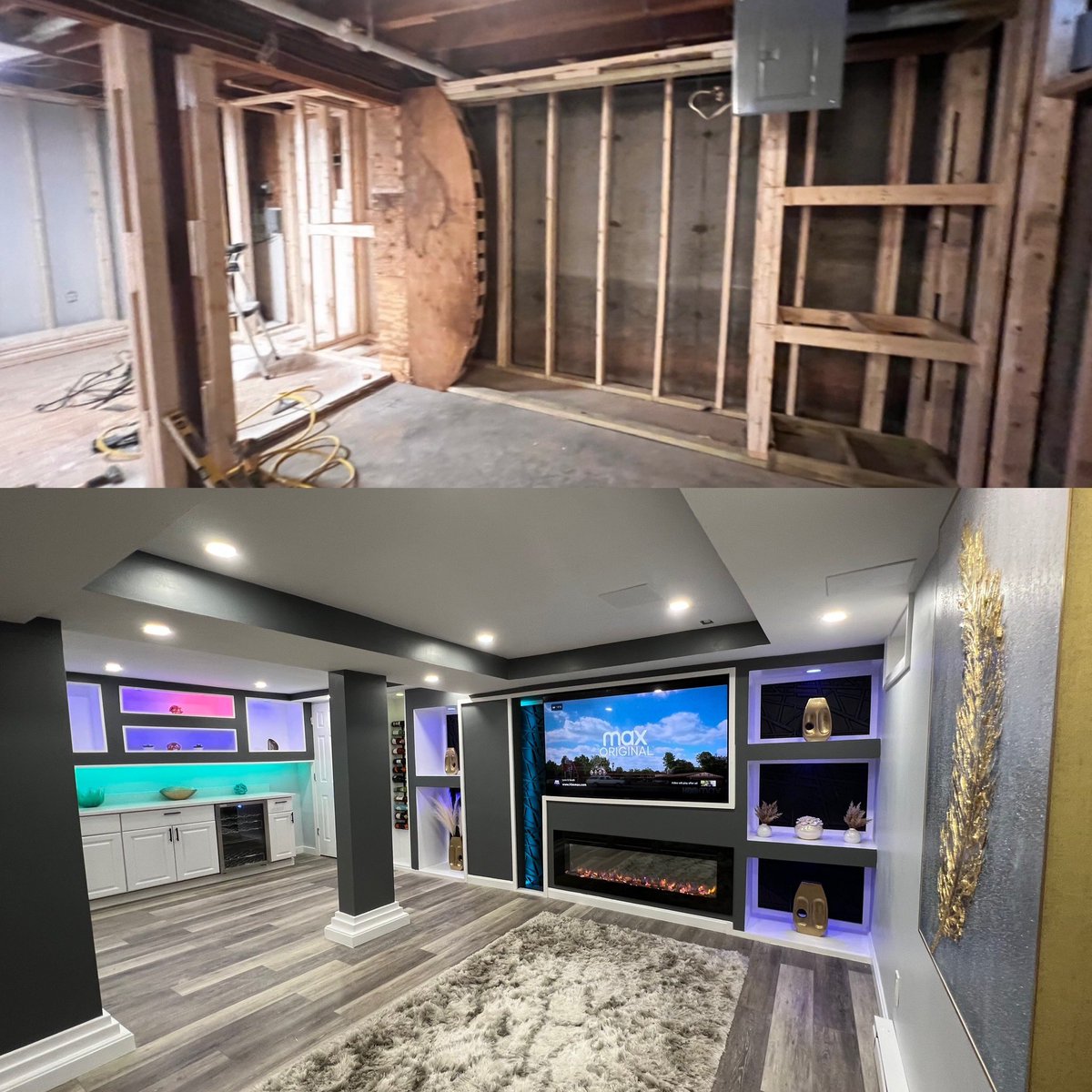 Greenless09's tweet photo. Job completed. #mancave #basementremodel #tvwall #fireplace #homebar https://t.co/ADEtp0FxH5