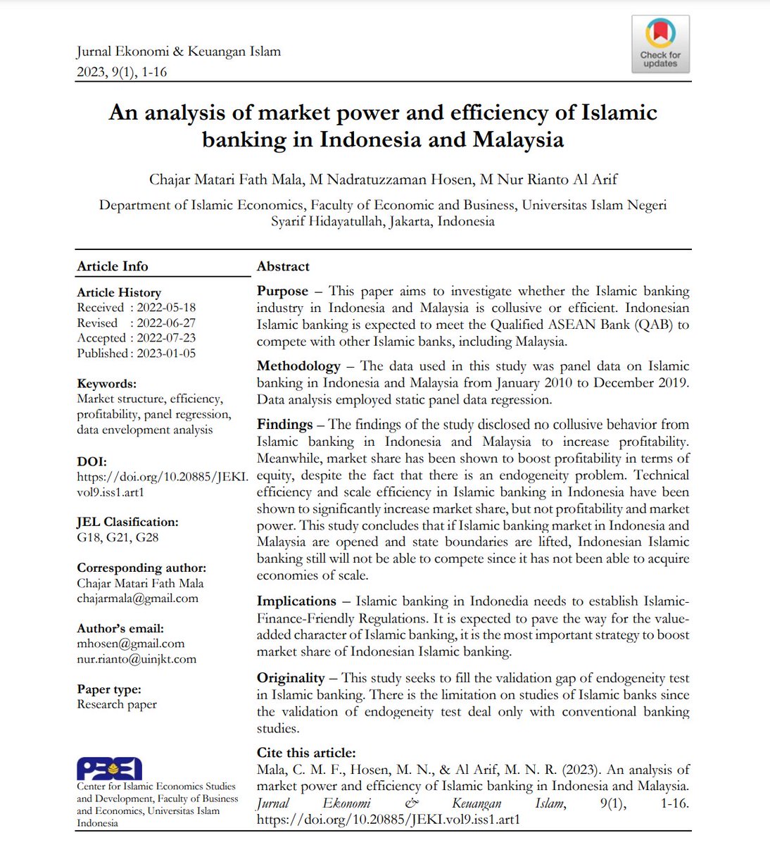 JekiJurnal's tweet photo. This paper aims to investigate whether the Islamic banking industry in Indonesia and Malaysia is collusive or efficient. Indonesian Islamic banking is expected to meet the Qualified ASEAN Bank (QAB) to compete with other Islamic banks, including Malaysia.
https://t.co/VnyEwzgI10 https://t.co/6QnJjn1HS1