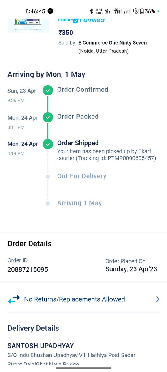 _iam_santosh_'s tweet photo. @Paytm @PaytmBank kya yah mumkin hai ki courier partner dwara order reject dikhane k bawjud bhi ye order mujhe 1 may ko mil jayega https://t.co/5npQdhnwH9