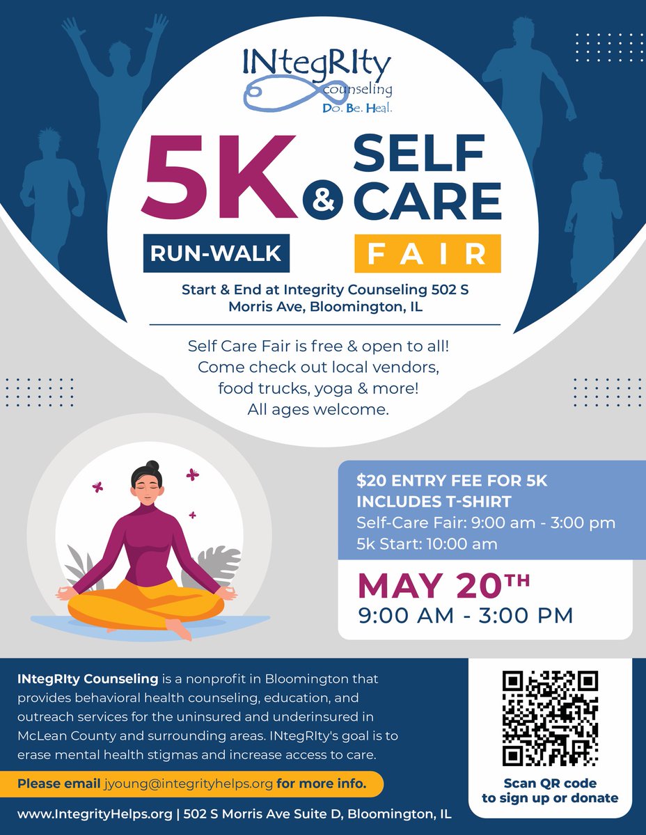 DoBeHeal's tweet photo. INtegRIty will host a 5K &amp; Self Care Fair on 5-20 from 9AM to 3PM at 502 S Morris in Bloomington, Illinois. Local vendors, art, yoga, resources, food, and more! Sign up: https://t.co/h4torWzdVA
#5k #fundraiser #MentalHealthAwarenessMonth #dobeheal https://t.co/An5Rx9ZgwJ