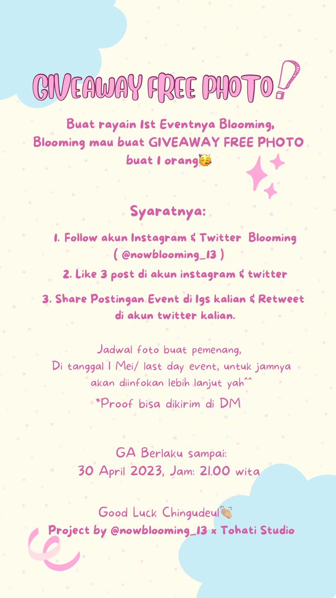 nowblooming_13's tweet photo. ✦ BLOOMING GIVE AWAY FREE PHOTO ✦
Buat rayain 1st event, Blooming adain give away free photo buat 1 orang nih🌸

GOOD LUCK‼️ https://t.co/wzcRN2LCd2