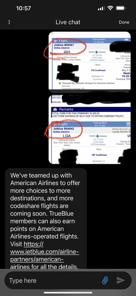 Tatchi76's tweet photo. Disappointment doesn’t not cover it. I booked a @JetBlue flight &amp; was bumped to American. Customer service makes it seem like you’re wrong. I get there’s a partnership, but you give your customers a choice.  If I wanted to fly @AmericanAir , I would have booked American. https://t.co/dP4E50ORGC