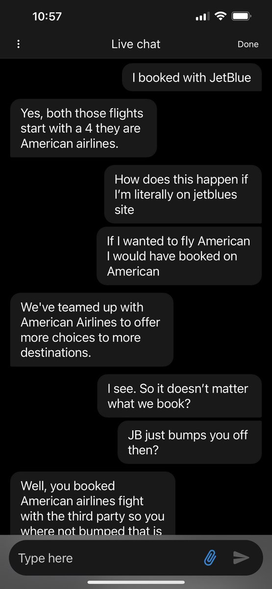 Tatchi76's tweet photo. Disappointment doesn’t not cover it. I booked a @JetBlue flight &amp; was bumped to American. Customer service makes it seem like you’re wrong. I get there’s a partnership, but you give your customers a choice.  If I wanted to fly @AmericanAir , I would have booked American. https://t.co/dP4E50ORGC
