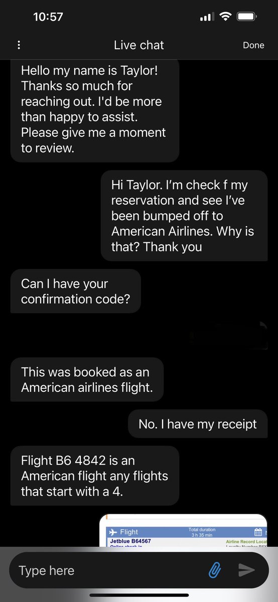 Tatchi76's tweet photo. Disappointment doesn’t not cover it. I booked a @JetBlue flight &amp; was bumped to American. Customer service makes it seem like you’re wrong. I get there’s a partnership, but you give your customers a choice.  If I wanted to fly @AmericanAir , I would have booked American. https://t.co/dP4E50ORGC