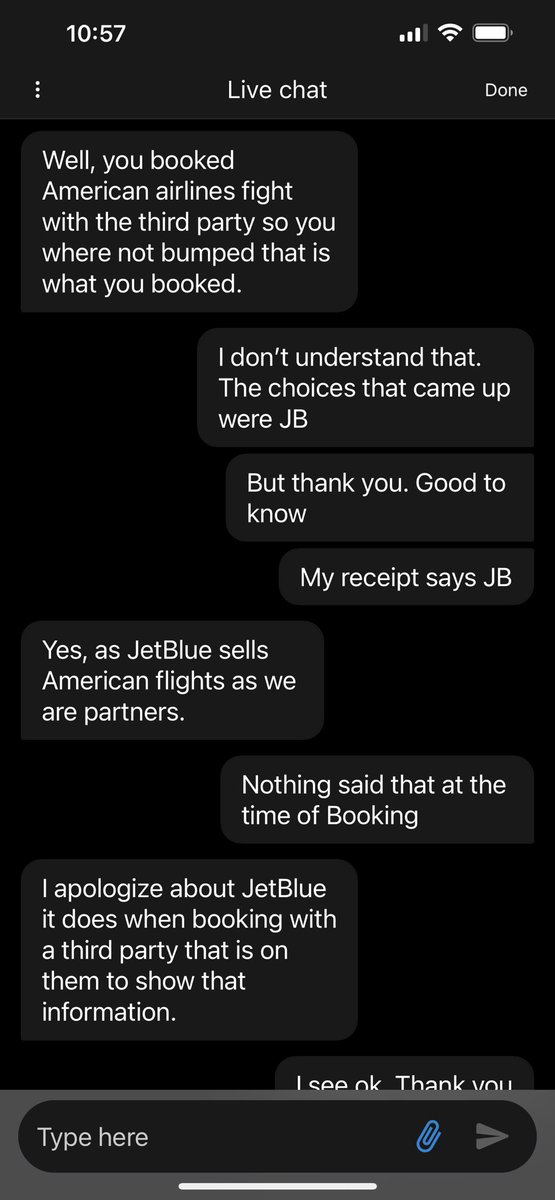 Tatchi76's tweet photo. Disappointment doesn’t not cover it. I booked a @JetBlue flight &amp; was bumped to American. Customer service makes it seem like you’re wrong. I get there’s a partnership, but you give your customers a choice.  If I wanted to fly @AmericanAir , I would have booked American. https://t.co/dP4E50ORGC