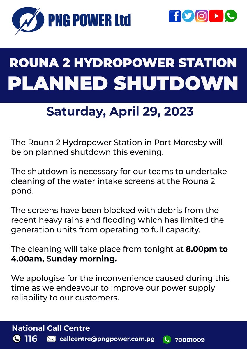 PNGPowerLtd's tweet photo. Planned Shutdown for the Rouna 2 water intake screen cleaning https://t.co/ExQKaoqheq