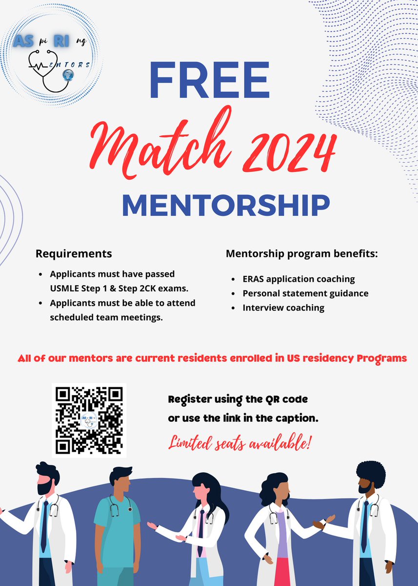 ASpiRIng Mentors is pleased to announce that we have started offering FREE #Match2024 mentorship.
Our mentors are current residents who are enrolled in US residency programs. 
Apply using this link forms.gle/p7GzK1yQJAPgks… or scan the QR code below.
#Medtwitter #Match2024