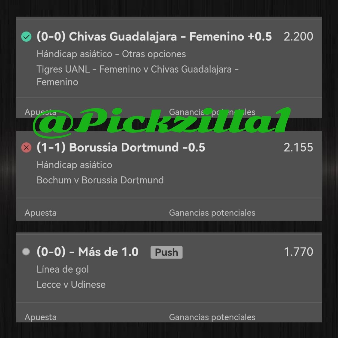 Pickzilla1's tweet image. Dortmund😒

Chivas W +0.5 [2.20] 3u✅

Dortmund - 0.5[2.15]2.5u❌

Lecce🆚Udinese
 OV 1.0 [1.77] 2.5u🔄

#TigresFemenil
#LigaBBVAMXFemenil
#bochumdortmund
#LecceUdinese
#bettingtwitter