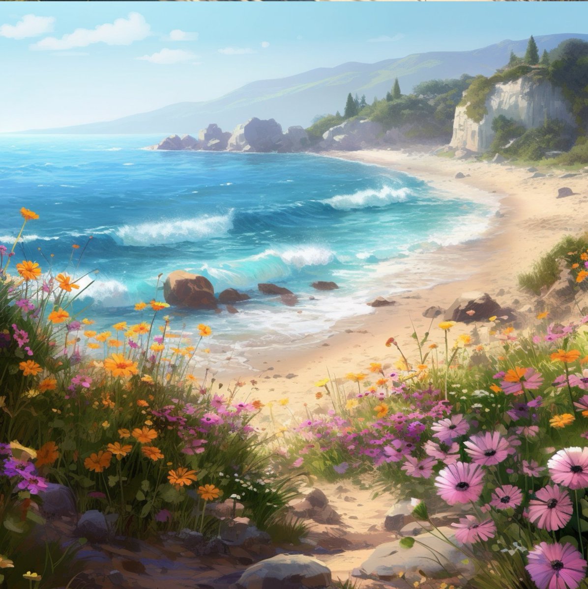 🌺🏖️ A picturesque beach adorned with vibrant flowers! Dive into this  stunning, high-definition scene that captures the essence of nature's  beauty. 
#BeachVibes #FloralParadise #aiArt