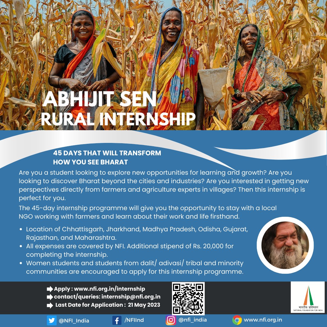 📢#NFI is pleased to announce the inaugural round of Abhijit Sen #RuralInternship program. It intends to sensitise UG & PG students towards the #RuralEconomy and the challenges faced by rural communities in the country and to promote rigorous academic scholarship. More details👇