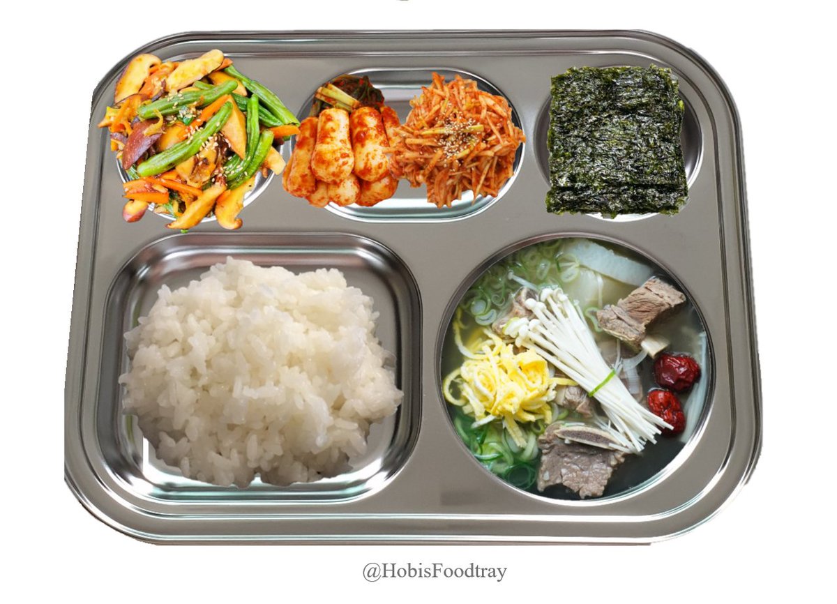 HobisFoodtray's tweet photo. 230429(Sat) 
D+12

🥢석식Dinner(624Kcal)

밥 Rice
갈비탕 Galbi(Short rib) Soup
표고버섯꽈리고추볶음 Stir-fried Golden Oak Mushrooms&amp;Shishito Peppers
맛김 Seasoned Laver
무생채 Radish Salad
총각김치 Whole Radish Kimchi 

#JHOPE #정호석 #Hobisfoodtray https://t.co/s1SKACbNwx