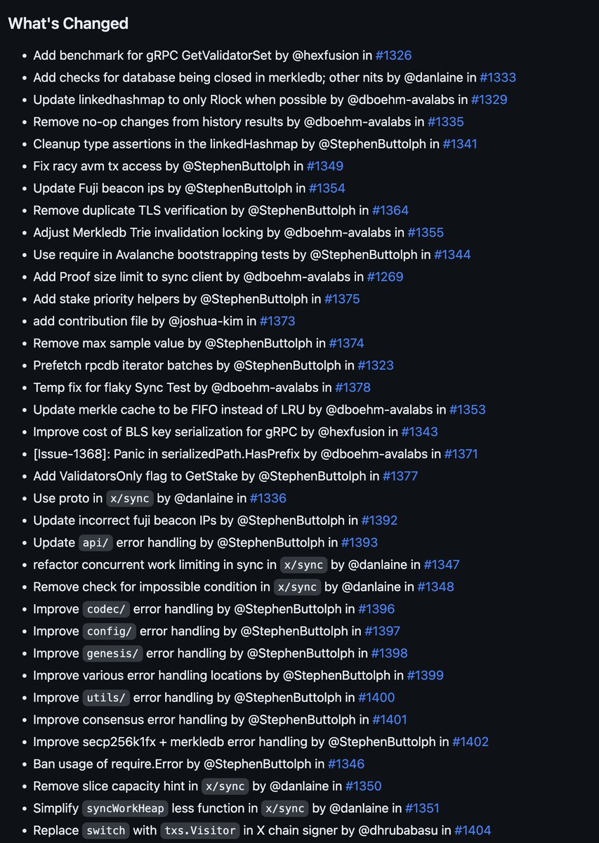 _patrickogrady's tweet photo. 🛠️ 🛠️ #Avalanche Cortina 1 is out: https://t.co/qMlxInQsP8 🛠️ 🛠️

This version (v1.10.1) is backwards compatible to v1.10.0. It is optional for Mainnet but required for Fuji.

🔍 Release Focus: gRPC BLS Optimizations + X-Chain API IDs + DAG Engine Removal + x/merkledb Perf Tuning https://t.co/7mOAtE79LF