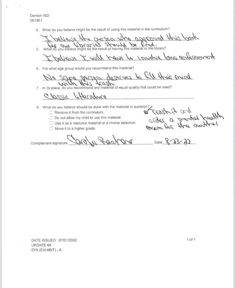 RustyFreedom's tweet photo. Denton ISD school board candidate Carolyn Rachaner requested the district to pull the Handmaid's Tale from shelves, said "whoever approved this book should be fired; I believe I will have to involve law enforcement; Trash it and order a mental health exam for the author" https://t.co/MFTGckbXqT