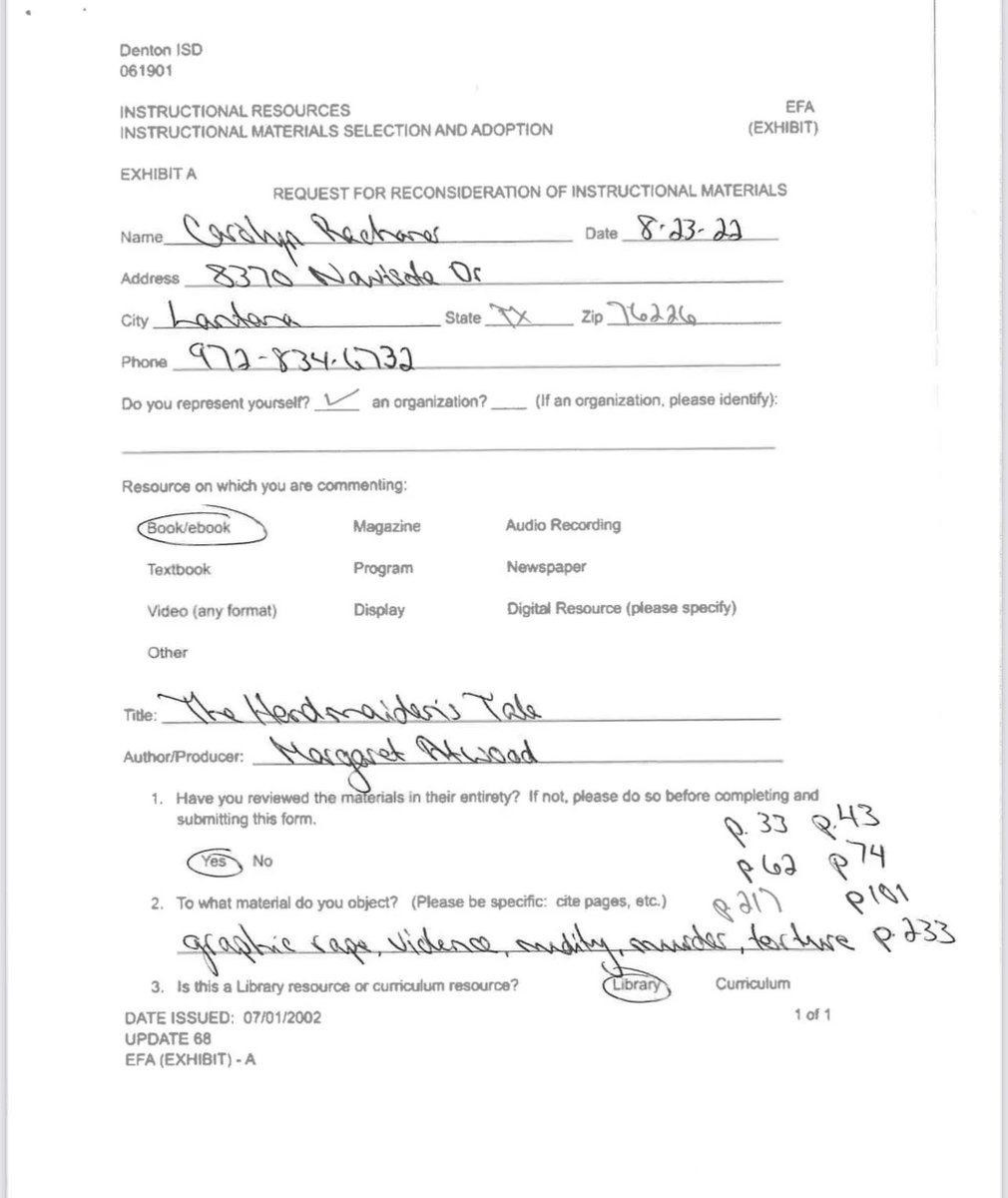 RustyFreedom's tweet photo. Denton ISD school board candidate Carolyn Rachaner requested the district to pull the Handmaid's Tale from shelves, said "whoever approved this book should be fired; I believe I will have to involve law enforcement; Trash it and order a mental health exam for the author" https://t.co/MFTGckbXqT