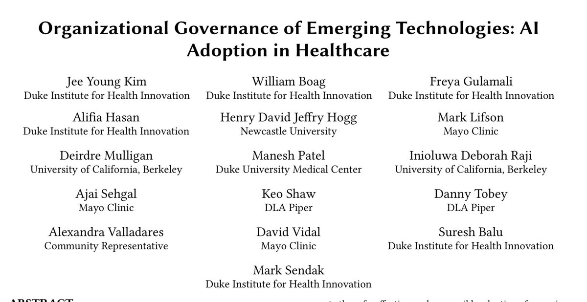kdpsinghlab's tweet photo. AI governance insights based on n=89 interviews.

“What the Health AI Partnership (HAIP) aims to do in this research is to better define the requirements for adequate organizational governance of AI systems in healthcare settings...”

https://t.co/Ovei6dsVdt

h/t @SOvergaardPhD https://t.co/BfOsq4SlgG