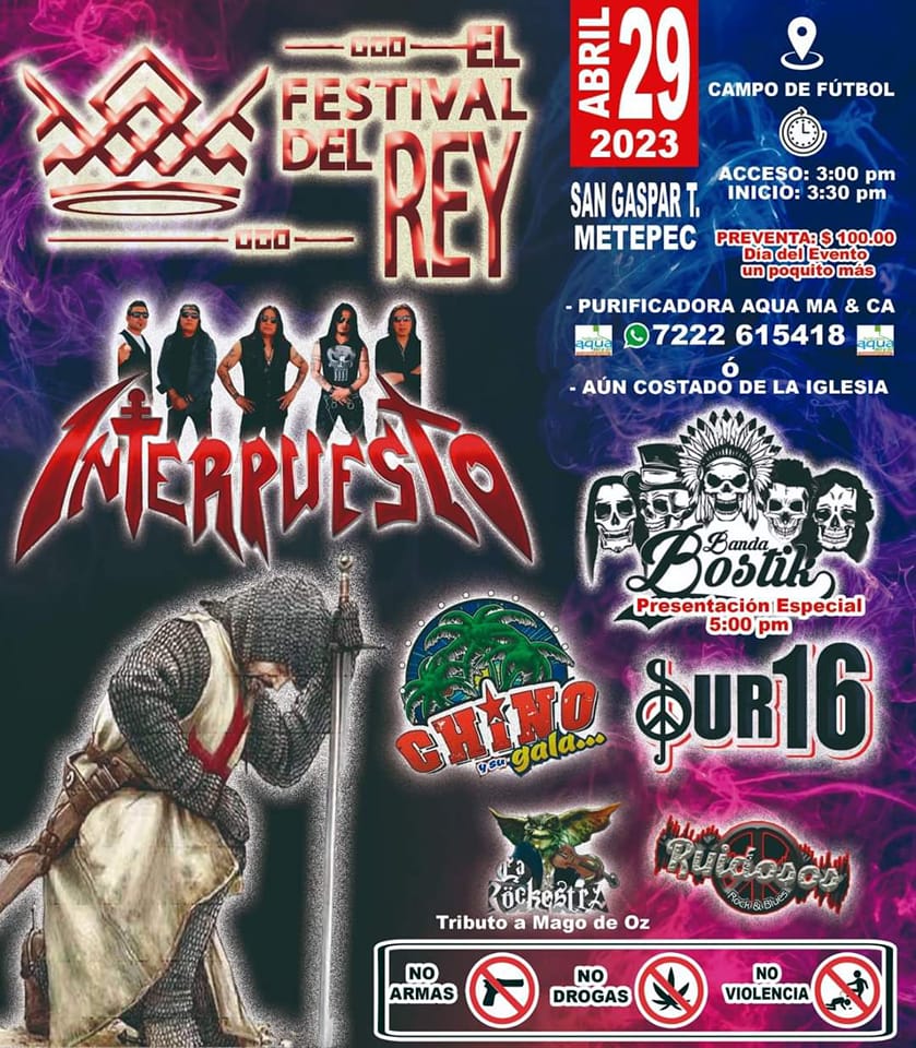 Rock_Urbano's tweet photo. 29 de Abril 2023 / Campo de Futbol / Metepec / 3PM
EL FESTIVAL DEL REY
#Interpuesto
#BandaBostik Presentación a las 5PM
#Sur16 (@Sur16Oficial2)
#LaRockestra (@rockestraGB)
#Ruidosos
Y más
#TocadaMetepec #TocadasRockUrbano #RockUrbano #RockNacional #RockMexicano #Rock #Metepec https://t.co/kxJZeu65je