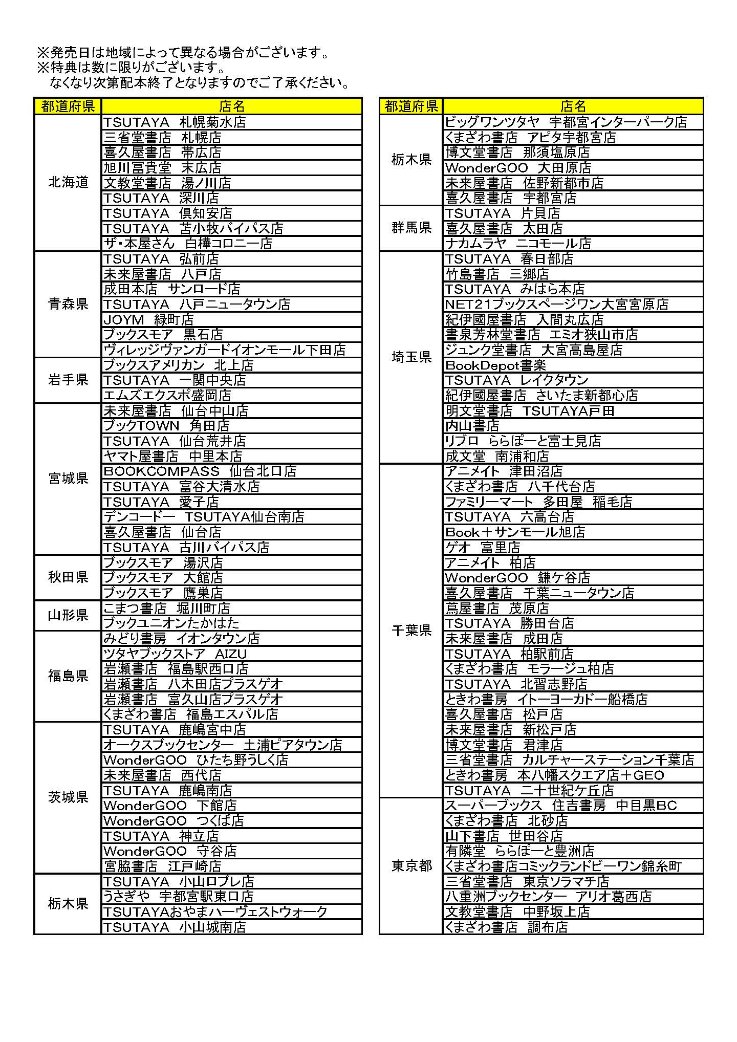 ■購入特典対象店舗
イラストカード配布店舗さん一覧です!特典は無くなり次第終了となります。 