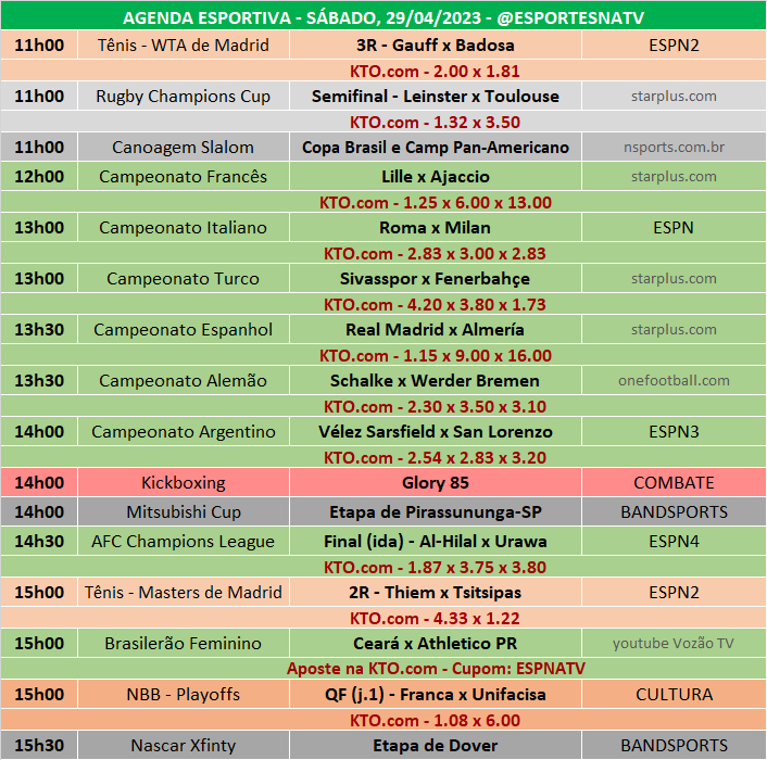 Esportes Na TV 📺 on X: A agenda esportiva deste SÁBADO (11/11/2023) Faça sua aposta na @KTO_brasil utilizando o cupom ESPNATV no cadastro e garanta 20% de bônus no seu primeiro depósito!