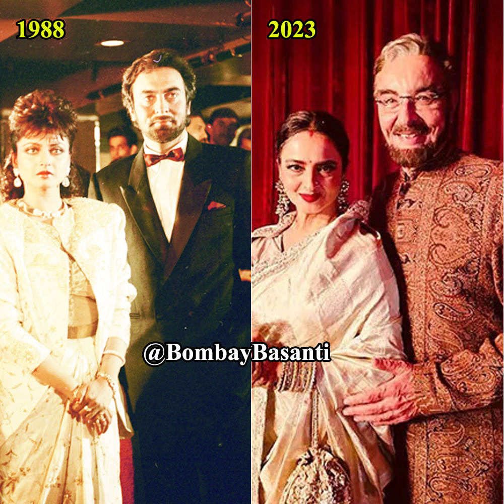 Khoob Bhari Maang (1988) co-stars, Rekha with Kabir Bedi #Rekha #KabirBedi #KhoonBhariMaang #FilmfareAwards2023 #BollywoodFlashback @iKabirBedi