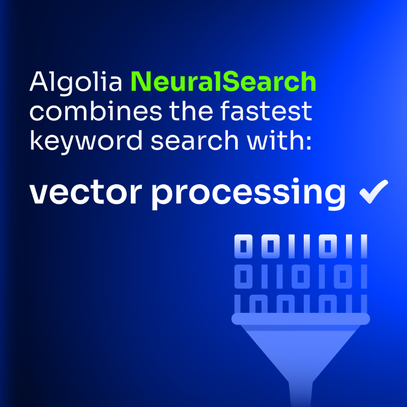 algolia's tweet photo. Introducing Algolia NeuralSearch — the only true end-to-end #AI search solution across query understanding, retrieval and ranking. Learn more: https://t.co/JRXn36KRzV