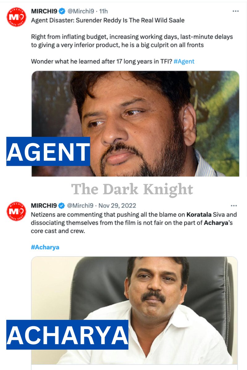 In_DarkKnight's tweet photo. #Acharya - It's not Koratala Siva's fault. Don't blame him. it's not fair. 👏🙏

      ***(Koratala, currently working with కమ్మని side-HERO అక్రమ తురక రావు).

#Agent - Surender reddy is the culprit 💯🤣🤣

**My Review :  Agent >>> Acharya.

Screen Presence - Akhil >>> Side-HERO https://t.co/eJLMMBAvib
