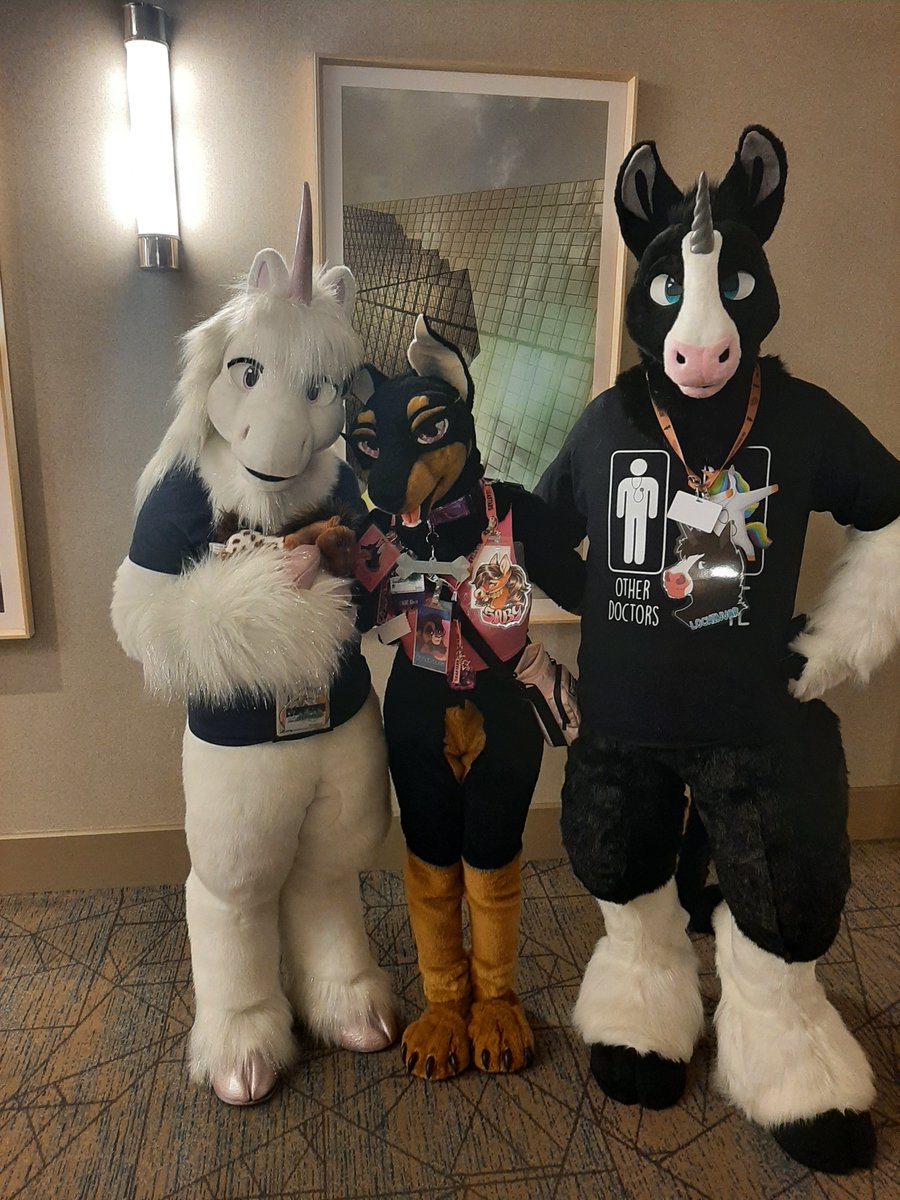 On this Fursuit Friday, I'd like to show these extremely happy pictures from TFF last month with my dear friends @hoofurs (white unicorn) and @Okapi_Horse / @LochinvarHorn (tall unicorn). Your friendship and shared passion for hoofed animals means so much to me 🖤 #FursuitFriday