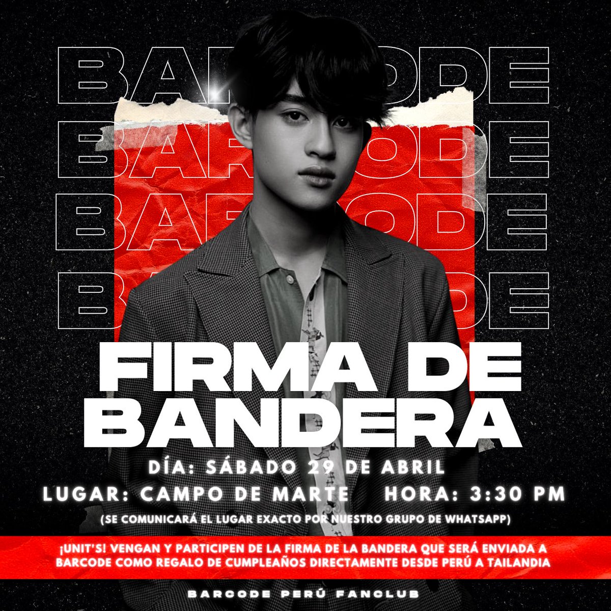 BarcodePeruFc's tweet photo. 〘 ¡FIRMA DE BANDERA PARA BARCODE! 〙

Los invitamos a participar en la firma de la bandera que será enviada a Barcode 🇵🇪

🗓️ Sábado 29 de Abril
⏰ Desde las 3:30 p.m.
📍 Campo de Marte 
🔗 Detalles: https://t.co/KJtJiz1OSq

¡No se lo pierdan! ♥️

@BarcodeTin #barcodetin #unit https://t.co/78EpruD51N
