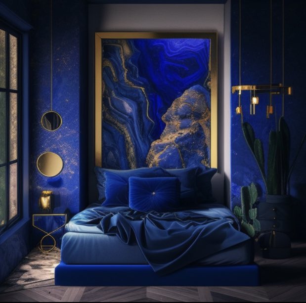 TheYomiCrystal's tweet photo. I wonder what dreams await in a room of Lapis Lazuli? Nite nite, loves💙✨💙#theyomicrystal @thesugaplummgod #thecrystalgoddess #iamthegoddess #yomiandMidjourney @midjourney #goddessAIArt #goddessAIArtist #AIArt #AIArtist #AIAssist #iamyomi #iamthependulum #iamall https://t.co/oyS3wPshoX